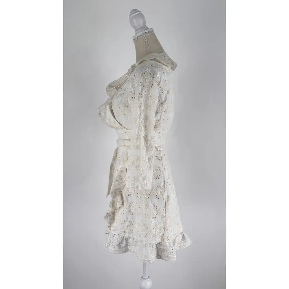 Sezane Robe Asianne Eyelet Mini Wrap Dress Womens Size 2 Ecru Cream New Flawed